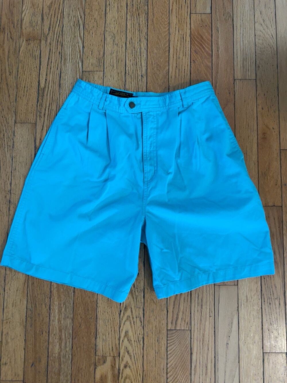 Vintage Eddie Bauer Mens L Aqua Pleated Shorts Cotton Blend Outdoor Hiking USA